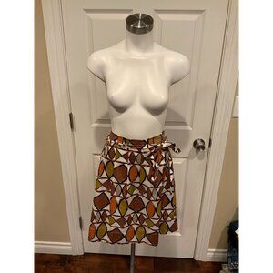BCBG Max Azria Brown, White & Orange Geometric A-Line Skirt w/ Belt, Size 8